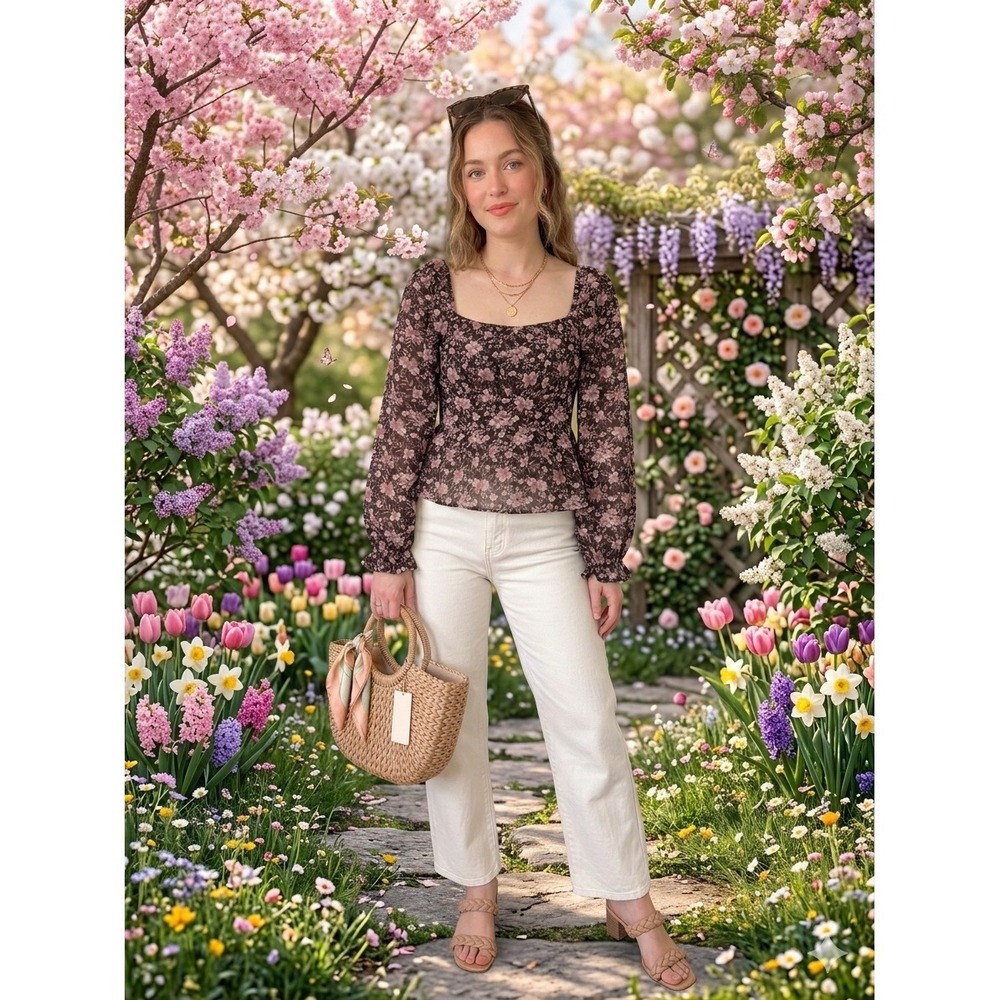 Francescas Brown Pink Floral Balloon Sleeve Tie Back Blouse NWT Small 12CN891SND